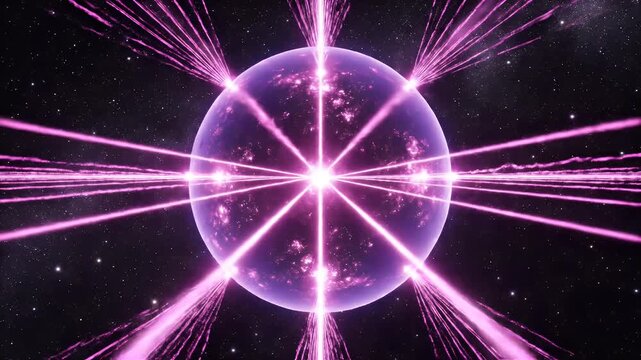 Radiant sphere emits powerful light beams into a star-filled, gaseous nebula