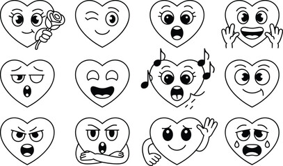 Obraz premium Set of Twelve Heart Emoji Character Outlines on a White Background, Concept of Emotional Expression, Digital Communication, Creative Coloring Activities, and Friendly Feeling Icons Vector Illustration