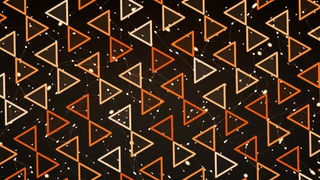 Abstract geometric pattern with interconnected triangles in orange and white on a dark background, featuring a subtle textured effect.