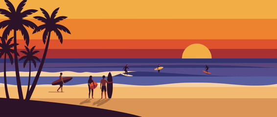 Flat vector illustration of a tropical sunset beach scene with surfers catching waves and palm trees silhouetted against a vibrant orange and yellow sky at dusk, minimalist summer vacation art.