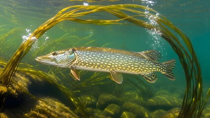 Fototapeta premium Freshwater carp and pike with shimmering scales swim underwater in a lake or aquarium, while a hooked fish is caught and isolated in the water as a fresh nature catch