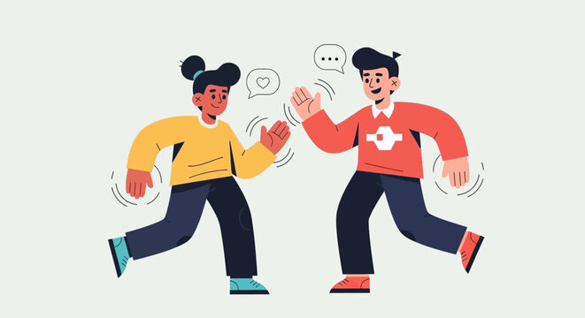 Illustration of two people chatting and gesturing with speech bubbles, representing communication and connection between individuals in a friendly interaction