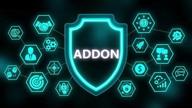 Neon Blue Shield with Business and Technology Icons Connected by Lines, Featuring the Word ADON