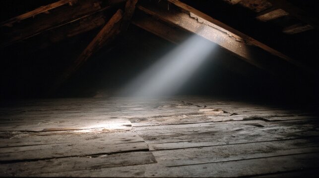 Exploring a Dark Attic With a Beam of Light Cutting Through the Dust and Revealing Roof Decking and Wooden Beams