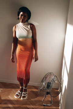 Woman in dress pose in sunny room