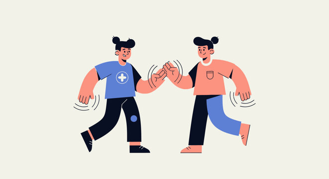 Two cartoon figures giving each other a high five, symbolizing teamwork, collaboration, and shared success in a simple, clean graphic illustration style