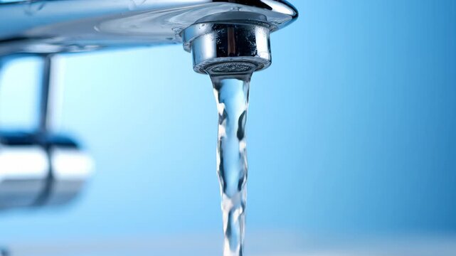 Water flows continuously from a chrome faucet, showcasing the transition from a steady stream to droplets and finally to a clear, flowing stream in a bright blue setting