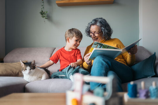 Grandmother reading a story to grandson with pet cat on sofa