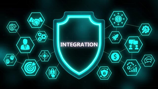 Glowing Neon Blue Shield with INTEGRATION Text and Hexagonal Icons on a Dark Digital Network Background