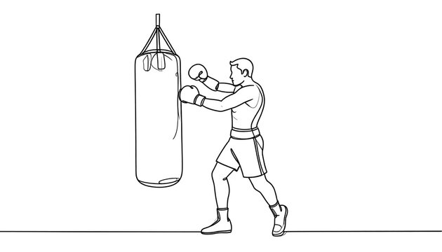 Boxer Training with Punching Bag - A Line Art Illustration of Fitness and Exercise.