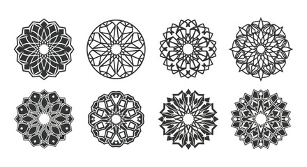 Intricate geometric designs showcase a collection of circular floral inspired black and white mandalas high quality professional detailed modern elegant stylish