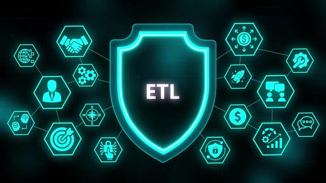 Digital Shield with ETL Text and Connected Hexagonal Icons Representing Data Processing and Business Concepts