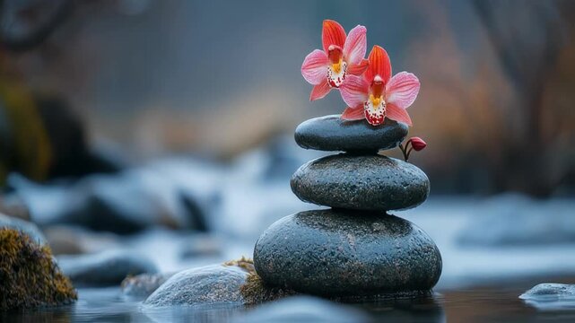 Serene stack of smooth stones adorned with vibrant orchids by a calm water body in nature