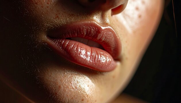A close-up of a person's lips and chin with subtle makeup
