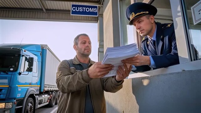 Driver at customs window presenting papers, uniformed officer reviews documents through booth, blue truck parked behind, tense border checkpoint atmosphere, paperwork verification and permit check