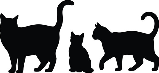 Black cat silhouette set featuring standing, sitting, and walking poses, perfect for pet design, animal artwork, feline behavior, and decorative projects © ANWAR
