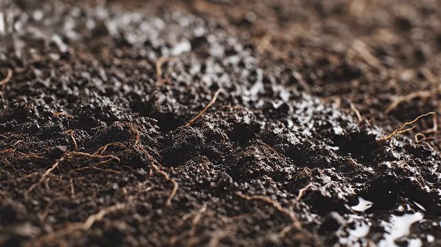 Extreme Close Up Macro View of Soil With Visible Moisture Gradient and Root System Under Natural Lighting Showing Even Distribution