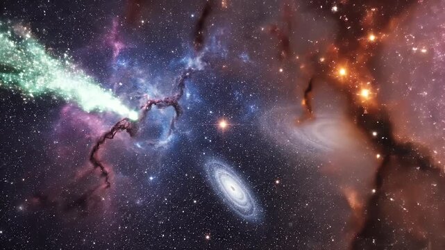 A vibrant nebula with a spiral galaxy and a bright star bursts across the cosmos