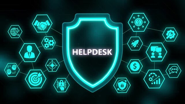 Helpdesk shield with interconnected icons for support, communication, and problem-solving service security