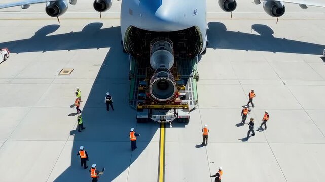 Aerial view cargo plane nose open showing oversized engine on trailer, ground crew in highvisibility vests guiding load, ramp clearances being checked, supervisor signaling, careful coordination
