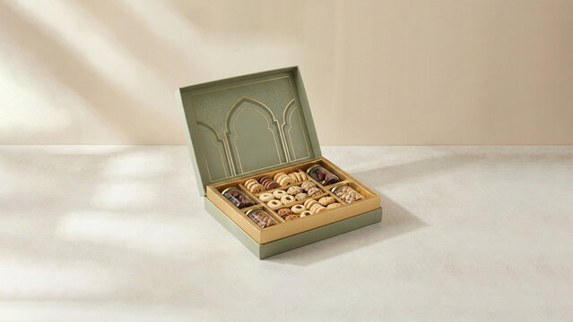 Open luxury Ramadan and Eid gift box filled with assorted cookies in elegant green and gold packaging. Festive dessert hamper concept with copy space for Islamic holiday promotion.