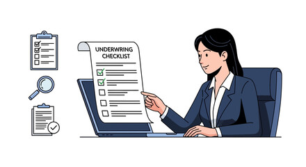Woman reviews underwriting checklist on laptop screen vector illustration