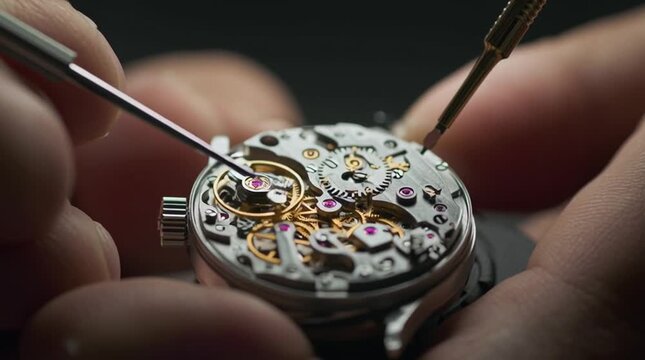A close-up of a watchmaker adjusting intricate components of a wristwatch.