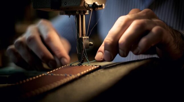 Close-up of hands expertly sewing leather with a machine in a dimly lit workshop.