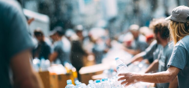 Group of relief workers distributing water bottles to people in need  
