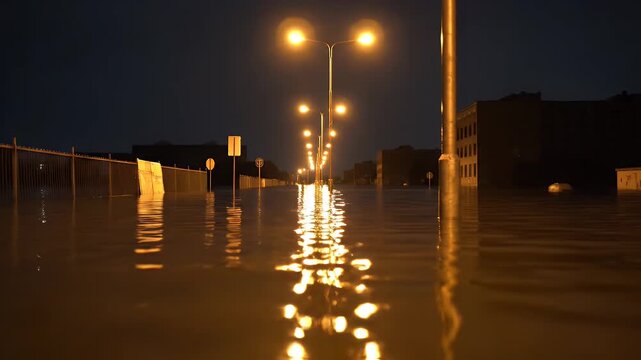 Flooded City Street at Night With Row of Streetlights Reflecting in the Water