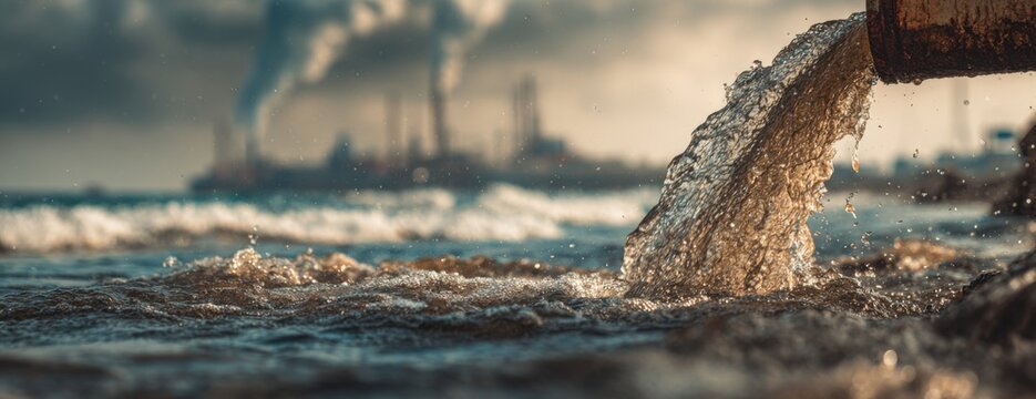Industrial wastewater flowing into ocean with smokestacks in background  