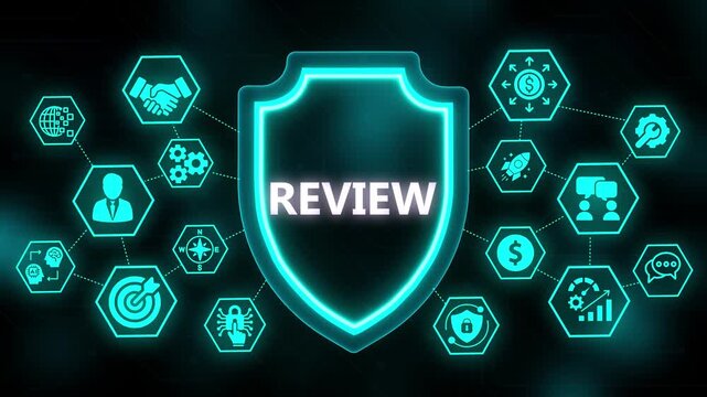 Glowing shield with REVIEW text and digital icons on dark background REVIEW feedback
