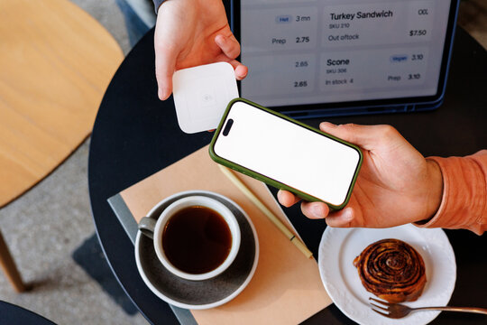 Smartphone Payment at Caf&eacute; Counter phone with white screen  mockup