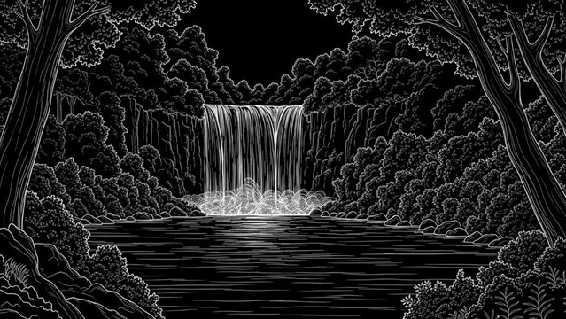 High-quality line art of waterfall cascading into river, tranquil natural scene on black background
