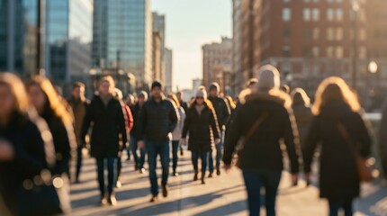 Obraz premium Blurred diverse group of pedestrians walking on a busy city street during golden hour with bokeh effect for urban life and commuting concepts.