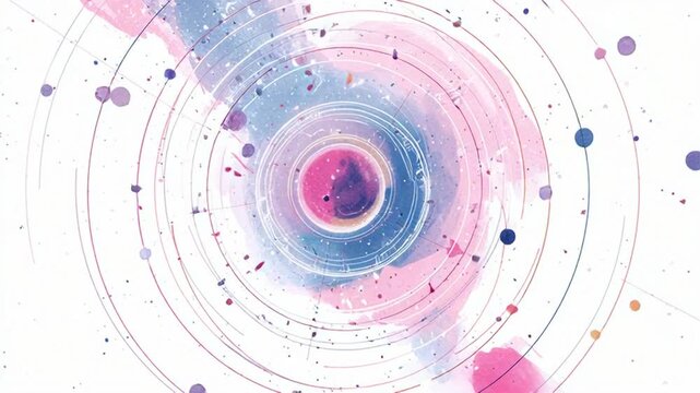 Vibrant abstract circular orbit animation with musical notes and colorful splatters on white background
