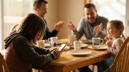 Teenage girl absorbed in smartphone at dining table while family talks, representing digital disconnect.