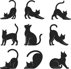 Cat silhouettes set cute feline poses flat vector illustration isolated on white background pet animal clipart collection bundle