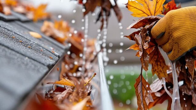 Hands wearing work gloves cleaning leaves and debris from a clogged gutter, wet autumn foliage visible