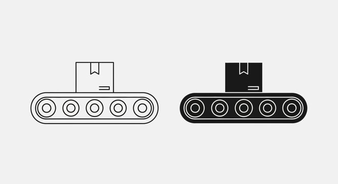 Industrial Conveyor Belt Icons &ndash; Manufacturing Production Line Outline and Solid Symbol