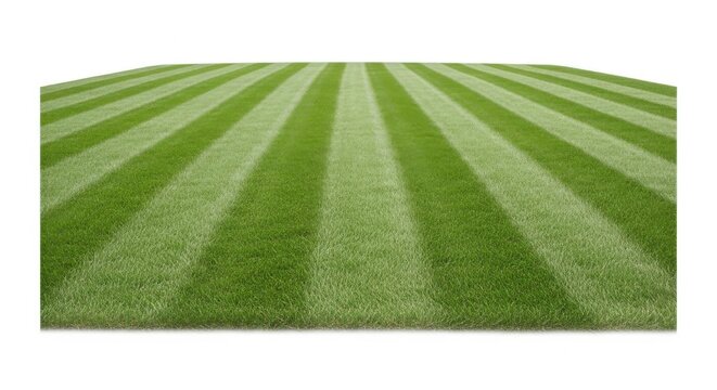Freshly mown green grass field with alternating light and dark stripes, creating a perspective effect, isolated on a white background, suitable for sports or outdoor themes.