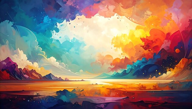 Vibrant abstract landscape with colorful sky and mountain range
