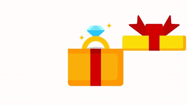 Animated yellow gift box with red ribbon opening to reveal a sparkling blue diamond and gold ring. Flat design icon with transparent background, perfect for celebrations, surprises, and luxury,4k.
