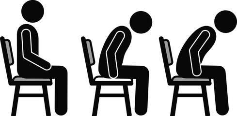 Three figures sitting posture illustration, upright straight back, slouched positions, ergonomic concept, spinal health awareness, workplace seating, body alignment vector, flavector © MstMarufa