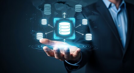 Businessman Holding Virtual Cloud Database and Big Data Network