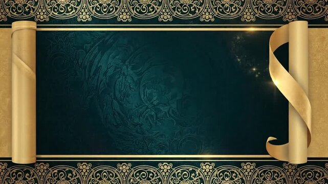 Elegant Golden Scroll Frame with Ornate Border and Dark Teal Background - Motion Graphic Template