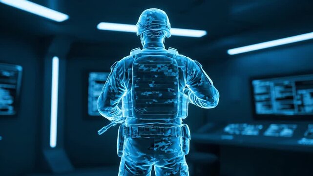 Blue Holographic Special Forces Operator Scans Interior Control Room With Weapon At Ready, Tactical Vest And Helmet Visible, Methodical Patrol Creates Tense Hightech Surveillance Mood.