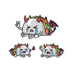 Fototapeta premium Crying cartoon hot dog character with devil horns in different poses on white background