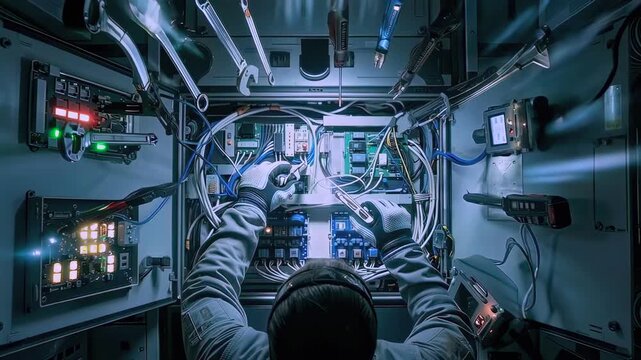 Technician fixes panel. Electrical technician diagnoses and repairs system carefully. Skilled technician diligently repairs intricate electrical controls within confined cabinet environment