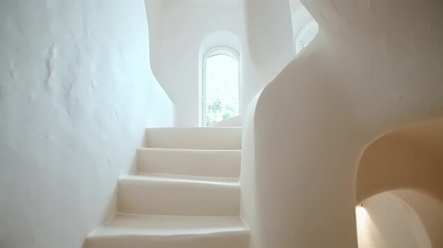 Serene minimalist Indian haveli interior staircase with arches and natural light
